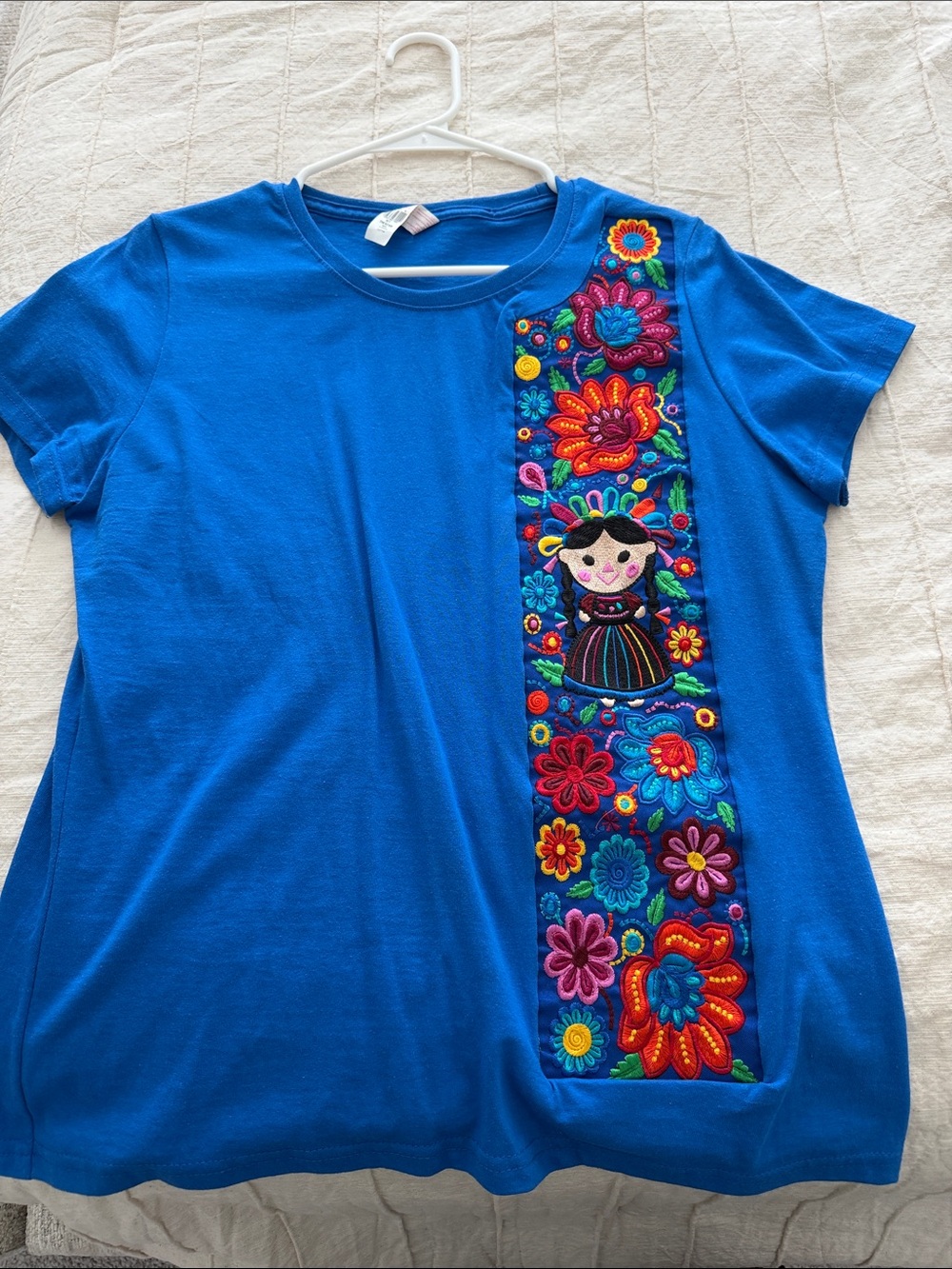 Women’s Guatemalan Blue Embroidered Floral Panel Tee - Bright Floral Accent